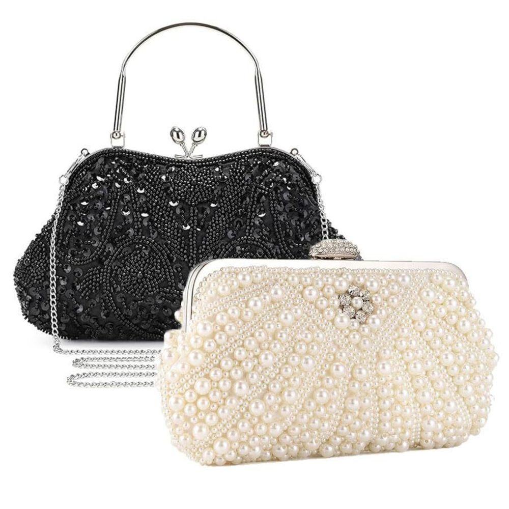 Uborse Pearl & Crystal Vintage Evening Clutch - Beaded Sequin Bag